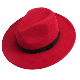 SimpleLife Men Women Jazz Bowknot Hard Felt Fedora Panama Bowler Wide Hat Brim Gangster Cap(Red)