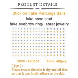 MODRSA Fake Piercings Fake Eyebrow Piercing Fake Nose Stud Fake Face Piercing Fake Labret Stud Stick on Face Hair Rhinestone Gems Fake Eyebrow Ring Silver Gold Fake Bridge Piercing Ball Sticky 3mm 4mm