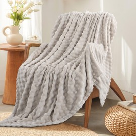 RUIKASI Fleece Throw Blanket for Sofa - Beige Single Fluffy Bubble Throws Cozy Blanket with Reversible Design, Throw 130x200 cm