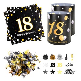 18th Birthday Decorations, 20 Pcs 18th Napkins + 12 Pcs Lantern Table Decoration + 100 Pcs Confetti, Happy 18th Birthday Table Decorations, Black And Gold Birthday Party Supplies
