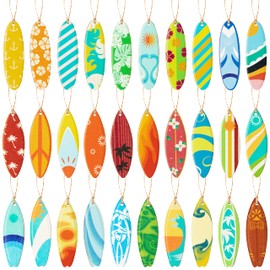 Haooryx Summer Surfboard Surfing Hanging Wooden Ornaments Decorations - 31Pcs Surf Board Shaped Beach Signs Wood Ornament with String for Home Summer Hawaiian Beach Luau Tropical Party Favors Supplies