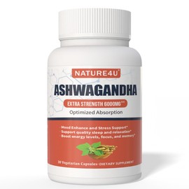 Nature4U Ashwagandha 6000mg Maximum Strength, Optimized Absorption with Black Pepper and Ginger Root, Natural Adaptogen Mood & Stress Support, Sleep & Energy Support, 30 Vegan Capsules 1 Month