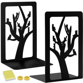 Qualsen Pack of 2 Metal Black Bookends, Trees and Cat Bookends, Bookends with Non-Slip, Decorative Bookends, Bookends for School, Home, Office, School Supplies