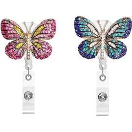 2Pcs Crystal Retractable Badge Reel, Bling Diamond Nurse Badge Holder Reels with Swivel Alligator Clip for Teachers Students Employees Identification Badges Supplies (Blue and Pink Butterfly)