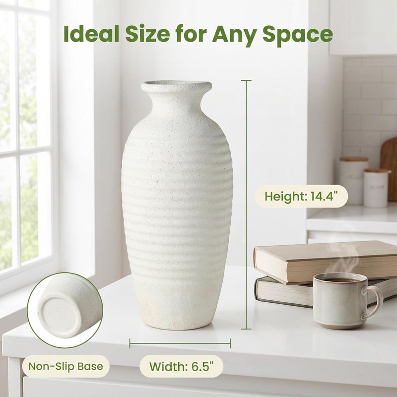 14.4 Inch Farmhouse Ceramic Vase for Pampas Grass, Off White