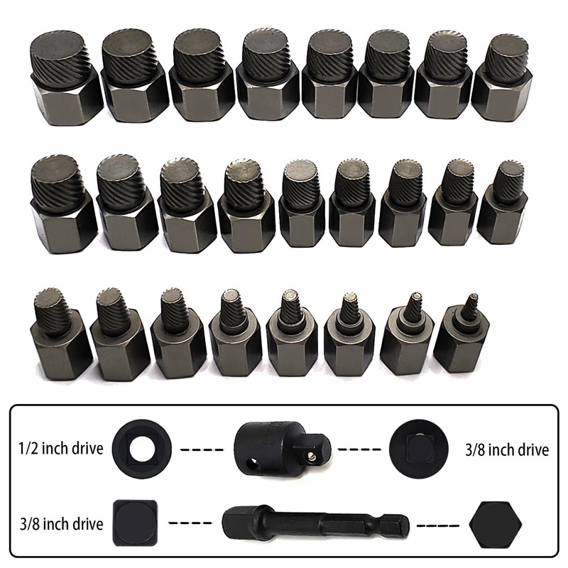 JEUCLEL 27PCS Multi-Spline Screw Extractor Set, 3/8" Inch Adaptor Easy