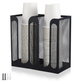 Maxcheck Metal Mesh Cup and Lid Holder Coffee Cup Dispenser Cup Lid Holder Paper Cup Storage Organizer Holder Countertop or Wall Mount for Coffee Bar, Kitchen, Breakroom(2 Compartments)