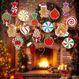 Candy Gingerbread Christmas Decorations - 36pcs Glitter Gingerbread House Candy Christmas Balls Hanging Swirls for Candyland Christmas Party Decor Supplies