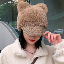 Cat Ears Fleece Lined Brimmed Beanie Hats Winter Golf Cap Brim Bill Visor Women (Dark-Khaki)