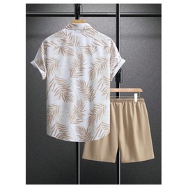 WDIRARA Men's Hawaiian Matching Set Summer Beach 2 Piece Outfits Tropical print Shirts and Shorts Khaki Large