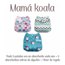 Pack 3 Pañal Mamá Koala  3 Absorbentes  Liner De Regalo                                                                                               