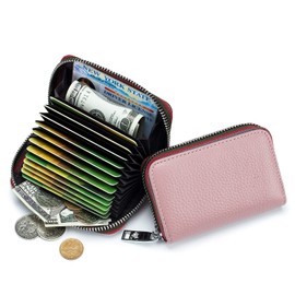 Yocipa RFID Credit Card Holder For Women Men Small Zipper Leather Card Wallet, Light Pink, 4.33"L x 2.95"W x 0.98"H, Minimalist