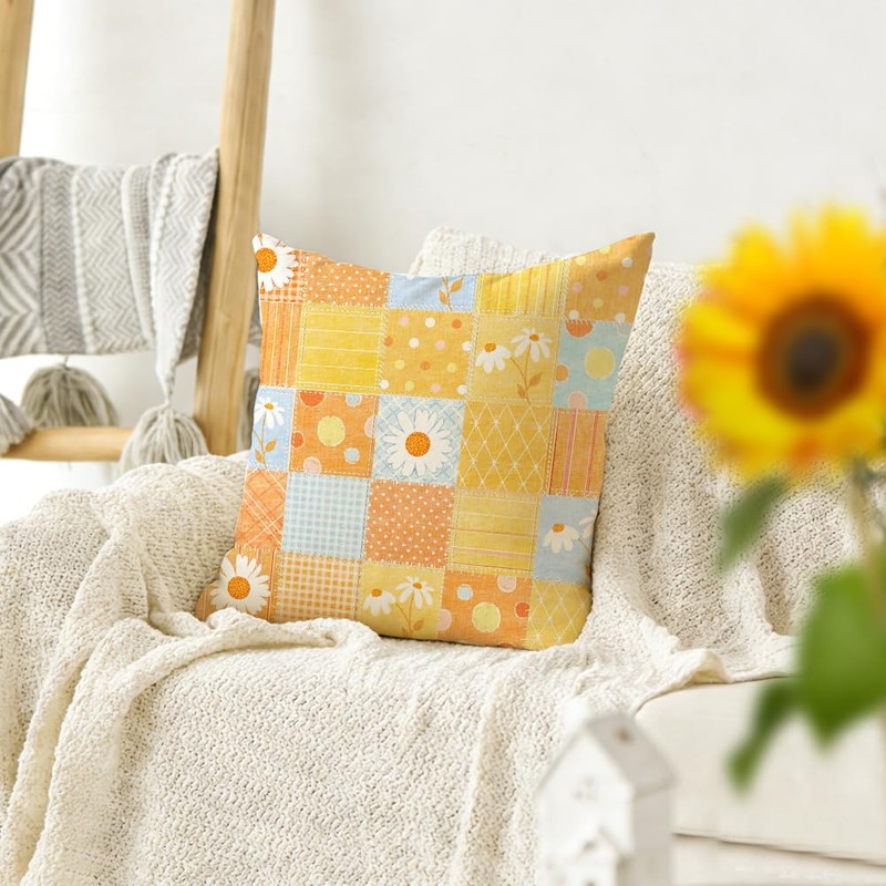 RABUSOFA Plaid Daisy Sunflower Spring Summer Pillow Covers 18x18 inch,Floral