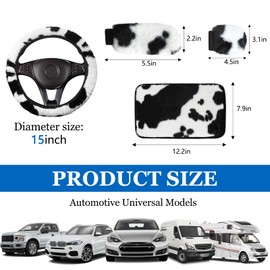 Hovom 4PCS Cow Print Car Accessories Set, Soft Fluffy Plush Cute Cowprint Accessories for Women Girls, Include Steering Wheel Cover, Handbrake Cover, Gear Cover, Armrest Cover (4PCS)