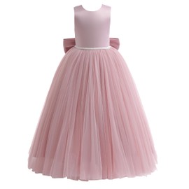 Glamulice Dusty Rose Flower Girl Dress Satin Bridesmaid Long A Line Wedding Pageant Dresses Dusty Pink Tulle V Open Back Little Girls Formal Dance Communion Ball Gown Holiday Evening Party Prom Gown 6