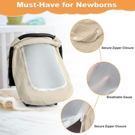 Muslin Cotton Car Seat Cover Baby, Universal Fit Carseat Cover for Baby, Infant Car Seat Cover with Mesh Peep Window, Baby Car Seat Cover for Carrier, Stroller, High Chair, Shopping Cart (Wheat)