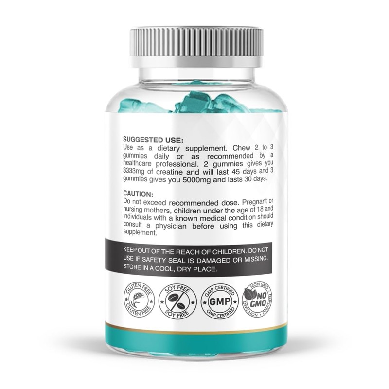 Creatine Monohydrate Gummies, Blueberry Flavour, 5000mg Strength, 90 Gummies, 30-45