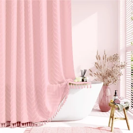 Dynamene Extra Long Shower Curtains, 84 Inches Long Boho Tufted Chevron Striped Fabric Shower Curtains for Bathroom, Tall Minimalist Chic Waterproof Cloth Shower Curtain Set with Hook, Pink, 72x84