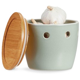 ONEMORE Large Garlic Keeper with Lid, Ceramic Garlic Saver 5 inch, Garlic Keeper for Counter, Light Green
