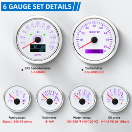 MH 6 Boat Gauge Set - 3-3/8" GPS Speedometer, Tachometer, 2-1/16" Oil Pressure Gauge, Fuel Level, Water Temperature, Voltmeter AUTO Marine Meter Kit with Sensor Alarm 7 Color (White)