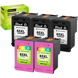 greencycle 65XL Black Ink Cartridge Replacement for HP 65 XL N9K04AN Compatible with Envy 5055 5052 5058 Deskjet 2655 2652 2622 3720 3730 3752 3758 All-in-One Printer (3 Black, 2 Tri-Color)