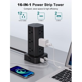 Power Strip Tower Surge Protector, 6FT Flat Plug Extension Cord with Multiple Outlets, 12 AC Outlets 4 USB (2 USB C), Desktop Charging Station with Surge Protection for Home Office Dorm Room, Black