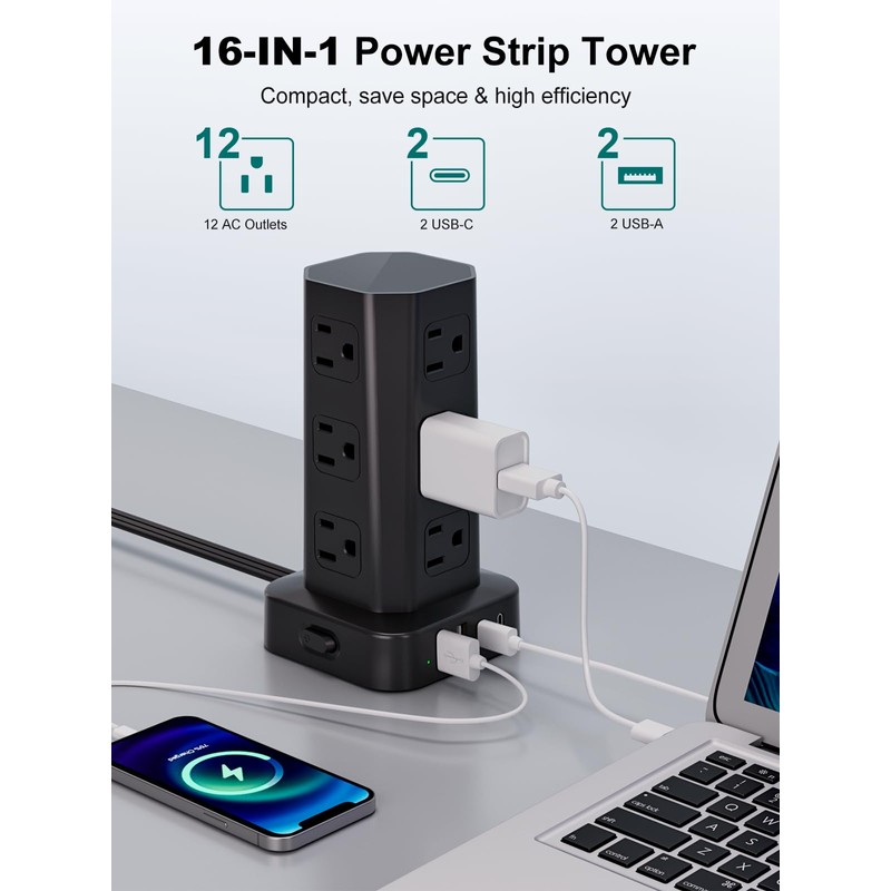 Power Strip Tower Surge Protector, 6FT Flat Plug Extension Cord