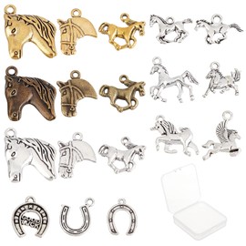 SUNNYCLUE 1 Box 72Pcs 18 Styles Horse Charms Bulk Tibetan Alloy Horse Horseshoes Charm Vintage Animal Pendants Horse Head Charms for Jewelry Making Earring Findings Keychain DIY Supplies Adult Women