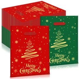 JarThenaAMCS 100Pcs Christmas Plastic Bags Gold Xmas Tree Snowflake Merchandise Bags with Handles Red Green Reusable Treat Bags for Holiday Party Favors