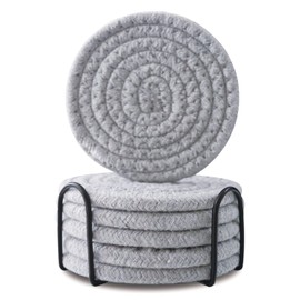 Coasters for Drinks, Vintage Woven Coasters for Table Protection, Water Absorbent Coaster Set, Handmade Braided Fabric Coasters Heat-Resistant (Light Grey（With Holder), 6)