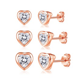 Josfeva Earrings 925 Silver Stud Earrings, 3 Pairs 925 Sterling Silver Stud Earrings Set for Women Girls, Heart Round Star Cubic Zirconia Stud Earrings, 4/5/6 mm Sleeping Cartilage Stud Earrings with