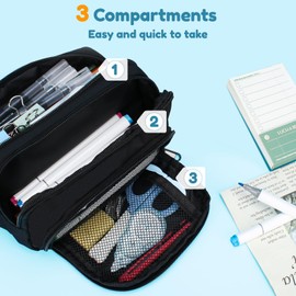 Euqvunn Large Pencil Case with 3 Compartments, Pencil Case, Stationery Organiser for School and Office, Boys, Girls and Adults, All Suitable - Black