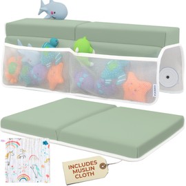 Comfortable Baby Bath Kneeler and Elbow Rest Pad Set with Unicorn Burp Cloth - Thick, Non-Slip, Memory Foam Kneeling Pad for Bathing Baby with Toy Storage Pockets - Easy Clean and Durable - Green