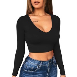 XXTAXN Women's Sexy Bodycon Basic V Neck Long Sleeve Slim Solid Color Crop Top Black