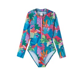Gottex Girls Kids Long Sleeve Zip Front One Piece Swimsuit Chlorine Fade Resistant and Built-in UPF UV Protection, Multicolor