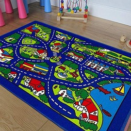 Champion Rugs Kids Race CAR Tracks Driving Fun City Town MAP Non-Slip Area Rug - Have Fun and Play Safely (3 Feet X 5 Feet)