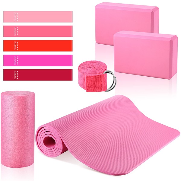 Timgle 10 Pcs Yoga Mat Set Pink Yoga Blocks and
