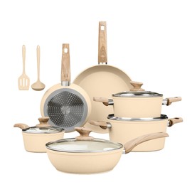 Kitchen Academy 12-Piece Induction Cookware Set, Nonstick Granite Pots and Pans in Beige