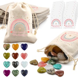Pack of 12 Lucky Stones for Children, Children's Birthday Party Bags with Gemstones, Jute Bag and Magic Stones Cards, Give Away for Christening, Communion, Wedding or Secret Santa Gift, Lucky Charm