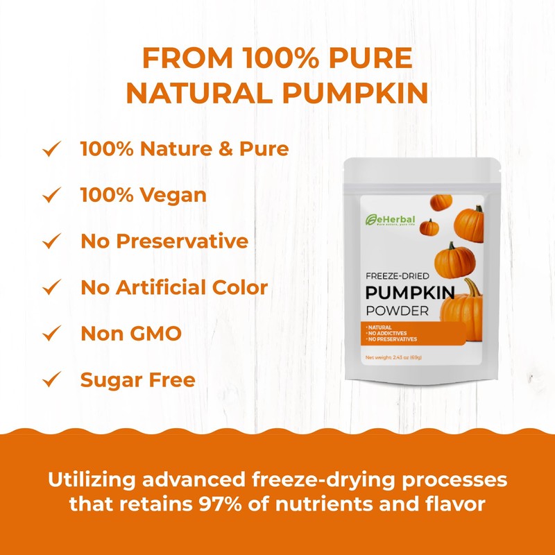 eHerbal Pure Freeze-Dried Pumpkin Powder, 2.43 oz – 100% Natural