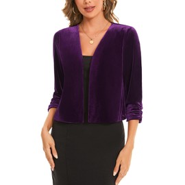 MINTLIMIT Velvet Cropped Cardigan for Women Cocktail Party Ruched 3/4 Sleeve Shrug for Evening Dress,Purple,XL