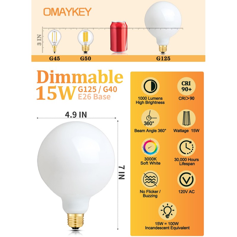 OMAYKEY 15W Dimmable Large LED Globe Bulb 100W Equivalent 1000