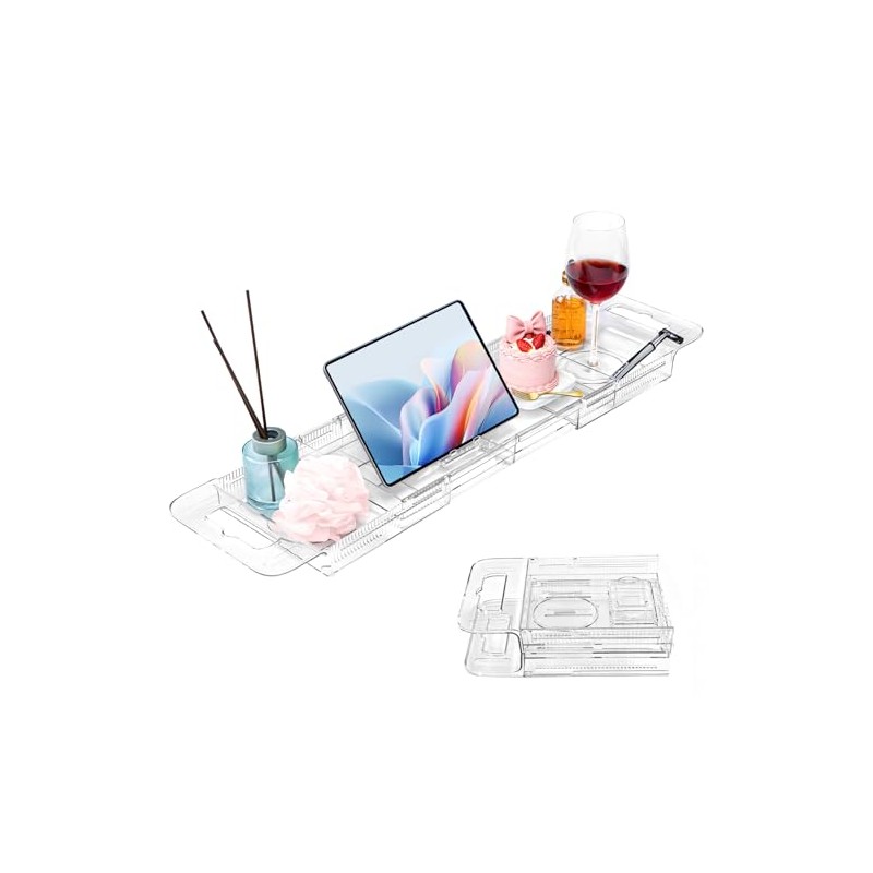 Expandable Clear Acrylic Bathtub Tray Caddy, Foldable Tub Bath Tray