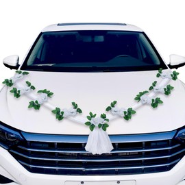 NICENEEDED Wedding Car Decoration Kit, 9 PCS Artificial Flowers with Green Leaf Luxury Bridal Car Decor, Floral Garland Ribbon Car Accessories for Party Events