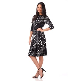 REKUCCI Women's Flippy Fit N' Flare Dress with 3/4 Sleeves (8, Black/White Mixed Dots)