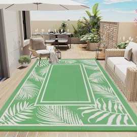 Bsmathom Waterproof Outdoor Rug 6'x9' Reversible Boho Plastic Straw Patio Deck Camping Rugs, Indoor Outdoor Portable RV Mat Clearance Carpet for Outside, Porch, Balcony, Backyard, Beach, Pool,Green