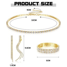 Kakonia 4 Piece Rhinestone Jewellery Set for Women Headpiece Silver Head Chain Vintage Necklace Bracelet Long Tassel Earrings Bridal Earrings Wedding Jewellery