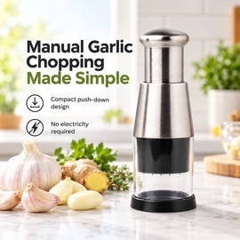 Stainless Steel Manual Garlic Chopper – Push-Down Mini Food Mincer with Transparent Container for Everyday Kitchen Prep