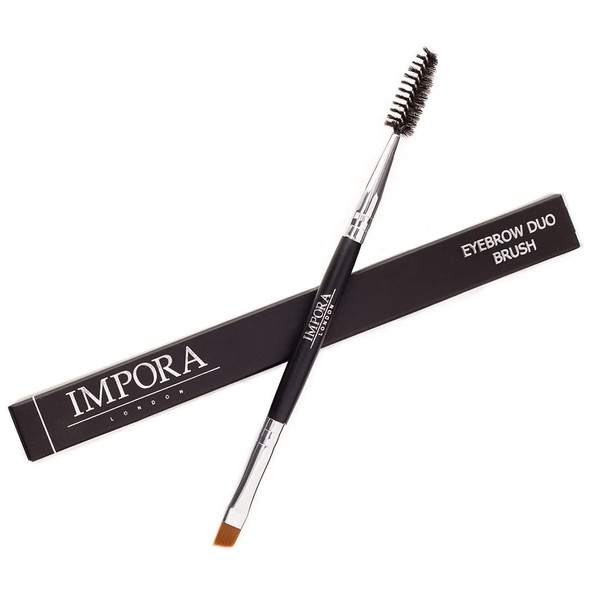 Duo Eyebrow Brush & Spoolie by Impora London. Flat, Angled Brush Perfect for Lining / Shaping Brows. Use with Gel, Cream or Powder Colours. Spoolie for Brows or Lashes.
