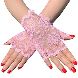 Seeksmile Women Sunblock Short Lace Half Fingerless Gloves Fancy Wrist Length Bridal Wedding Events Party Glove (One Size, Pink)